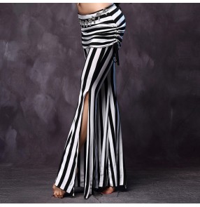 White and black fashion striped long length pleated hip and waist leg side split women's ladies female competition stage performance belly dance costumes long pants